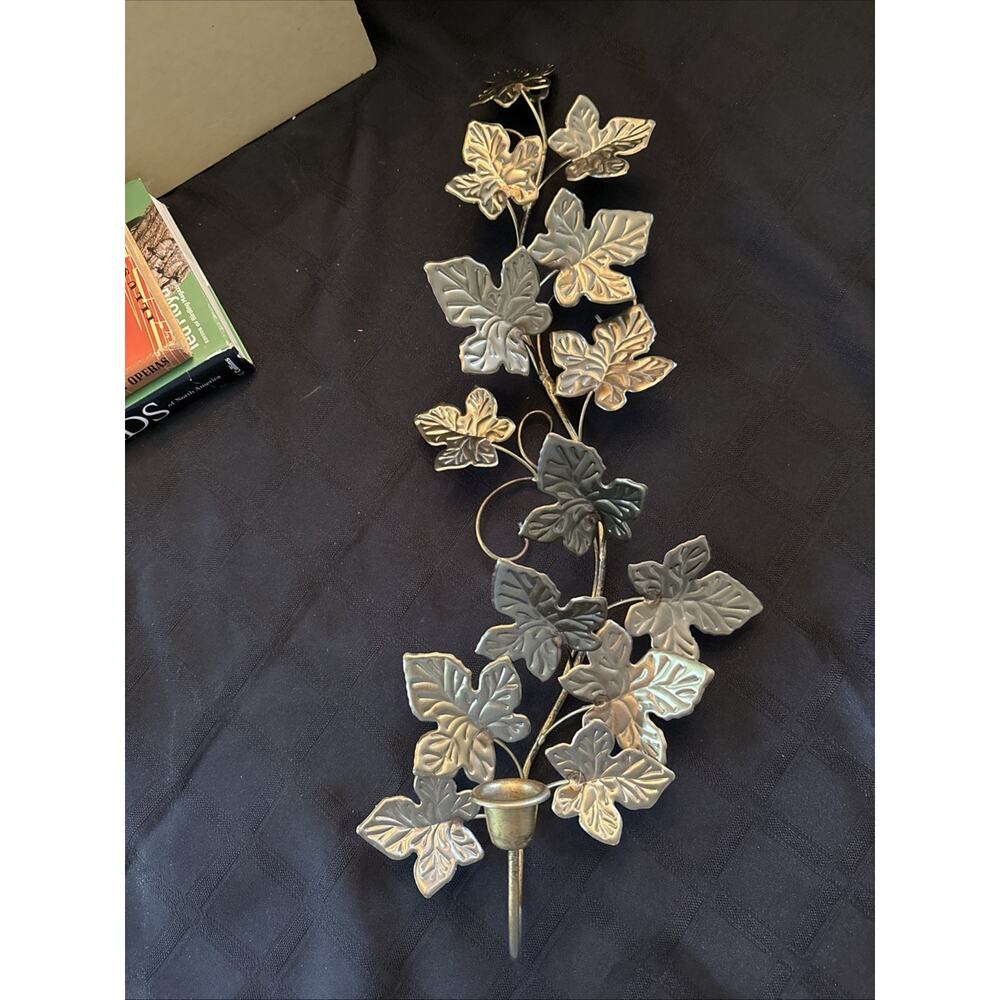 Homco Home Interiors Metal Gold Colored Leaves Candle Sconce Wall Hanging 22”